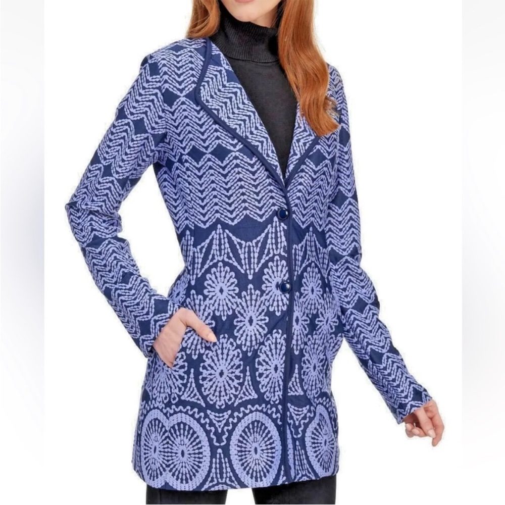 Peck & Peck Statement Knit Jacket Blazer Navy Blue Periwinkle Floral Boh… - Picture 2 of 10